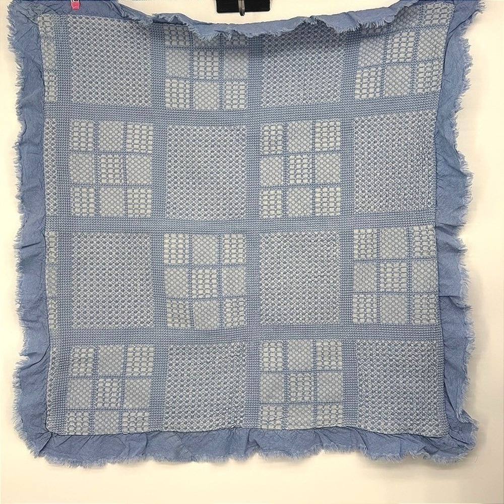 Cocoploceus Pillow Sham Blue Waffle Knit Ruffle Fringed Trim Boho Cottage 24x24